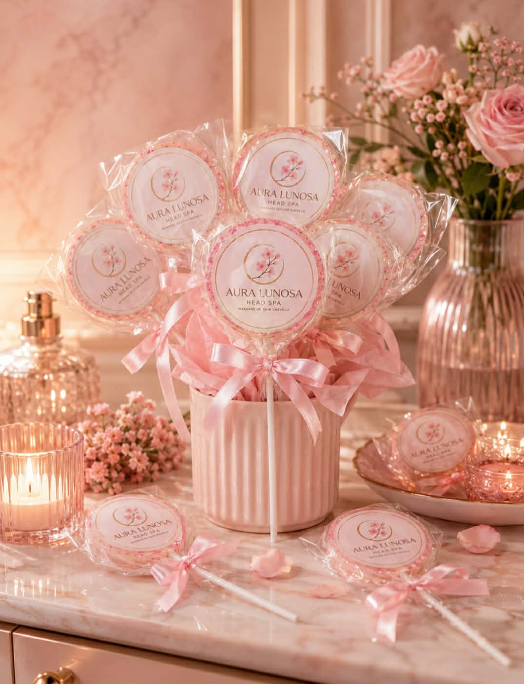 Sucettes roses à l'effigie d'Aura Lunosa, rubans et roses sur un comptoir de marbre